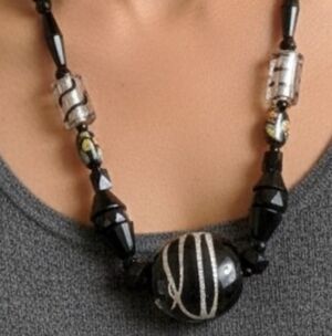 Vintage Murano Glass Black ,Silver Accents 21 inch Necklade